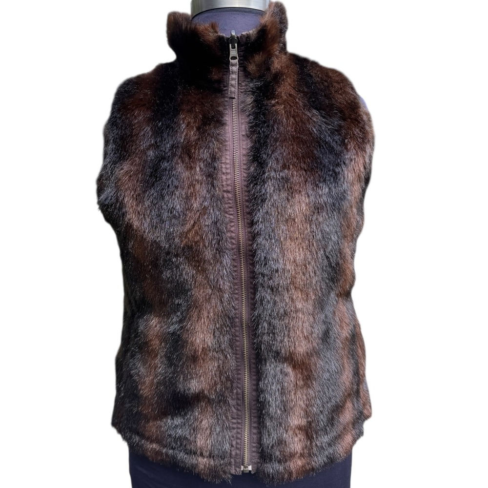 Old Navy Brown Faux Fur Trim Vest Sleeveless‎ Utility Pockets Zip Up Reversable